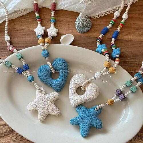 Dopamine Colorful Bead Volcanic Stone Heart Necklace for Women, Unique Design Starfish Lockchain, Seaside Long Pendant Accessory
