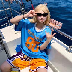 美式复古球衣t恤男女夏季网眼设计感蓝色短袖宽松运动户外v领上衣