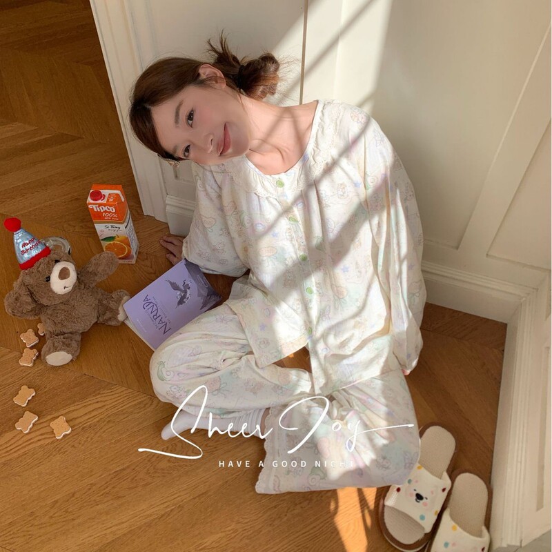 New double-layer gauze pure cotton pajamas for women, round neck, lace, long sleeves, long pants, home wear