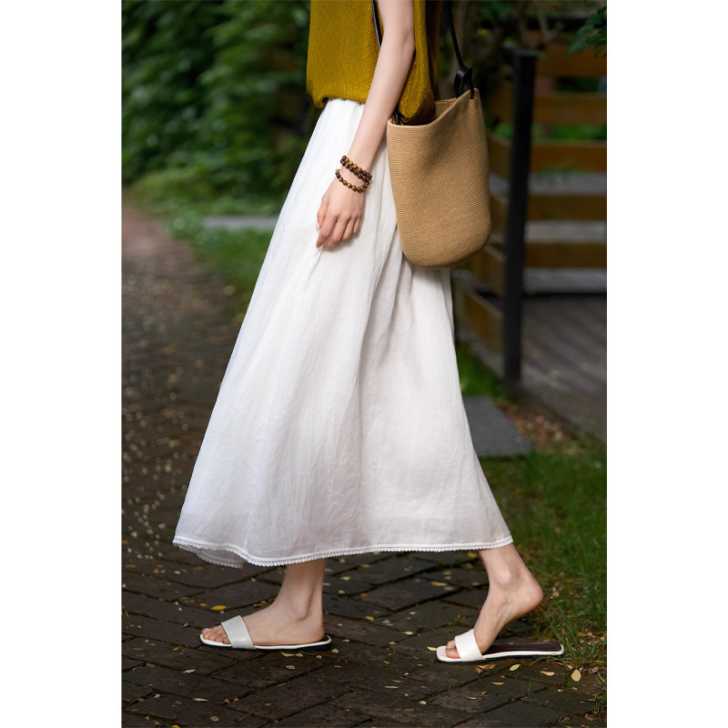 『Boshenglian·Jiaojiaobaiyue 60-Count Ramie | French Holiday Skirt, Simple Long Umbrella Skirt, New Style