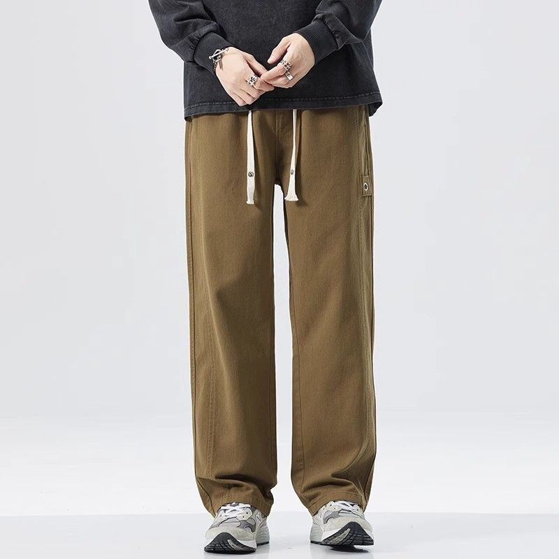 Spring Japanese Retro Casual Pants for Men, Loose Straight-Leg Drapey Wide-Leg Pants, Trendy Elastic Waist Cargo Pants