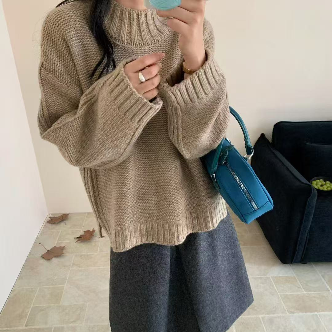 时尚休闲加厚粗线棒针毛衣女冬韩系简约宽松复古半高领针织衫上衣