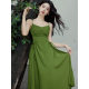 Tea Break French Elegant Green Slip Skirt with Chic and Beautiful suit Design Tight Waist A- Line dress Summer