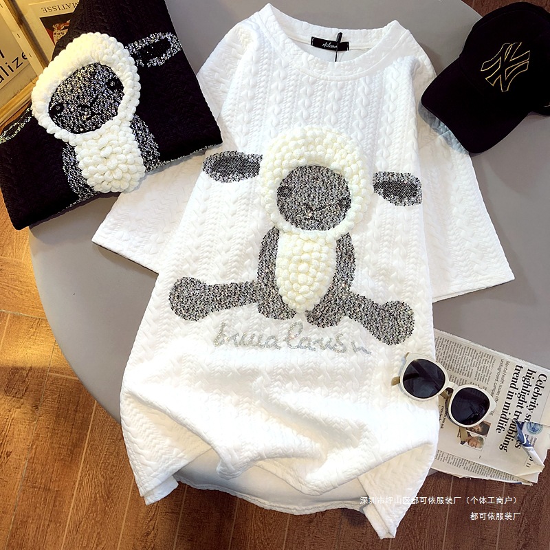 官图抖音质量韩版短袖t恤女夏2024手工串珠新款圆领上衣大码女装