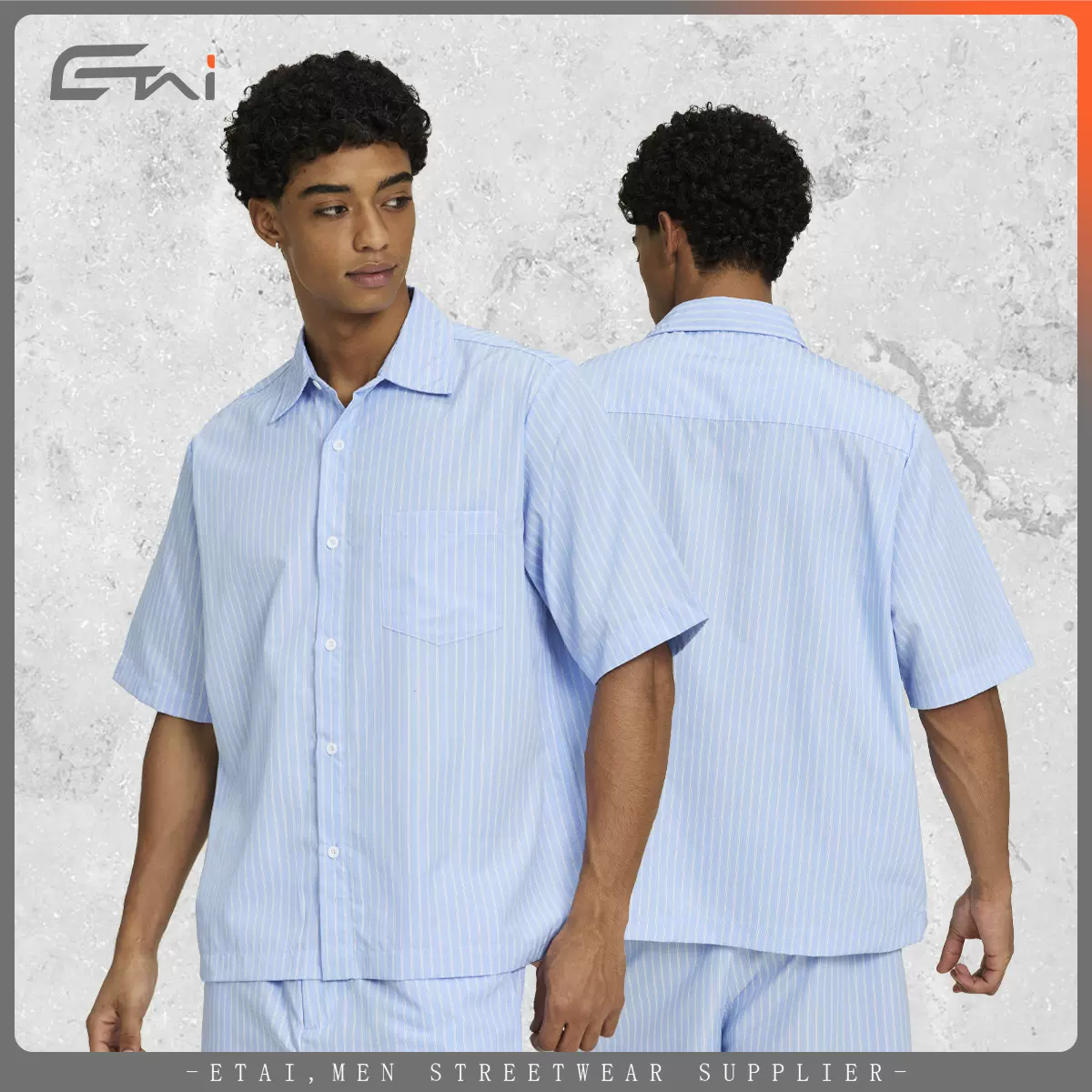 ETAI男装夏季条纹短袖衬衫宽松短款潮牌男士T恤休闲简约开衫衬衣