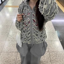 即墨破坏镂空小众设计剪裁双面反穿拉链套头休闲连帽卫衣情侣款棉
