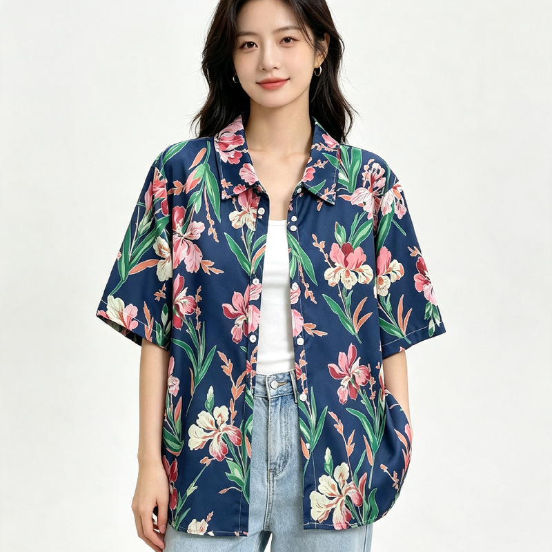 Southeast Asian floral print shirt for women, summer and autumn, short-sleeved, elastic, thin, floral print top, loose T-shirt Southeast Asian floral print shirt for women, summer and autumn, short-sleeved, elastic, thin, floral print top, loose T-shirt
