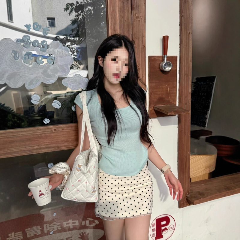2025 Fashion Suit Summer New Short-Sleeved Knitted Top Slimming Polka Dot Hip-Hugging Short Skirt Korean Versatile Two