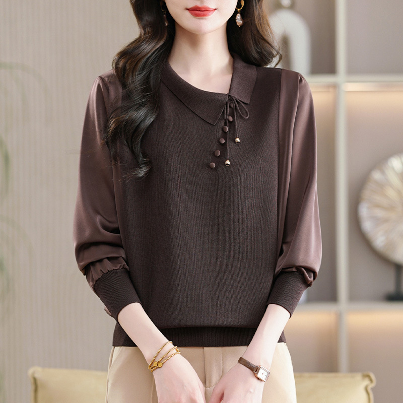 2026 Spring and Autumn Stylish Lapel Ice Silk Knitted Sweater for Middle-Aged Women, Loose Slimming Belly-Covering Patchwork Top for Women