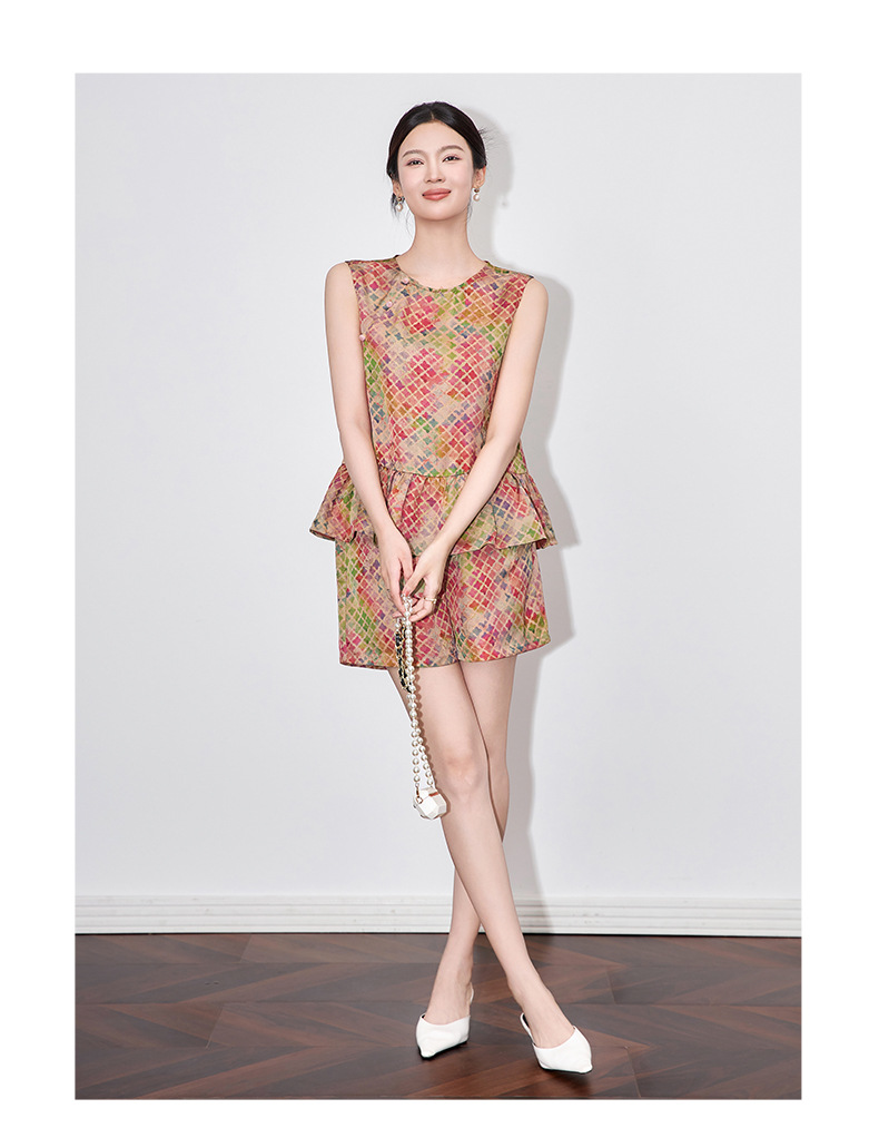 Bộ áo vest jacquard họa tiết cỏ bốn lá kết hợp quần short cạp thun nữ mùa hè — Cỏ bốn lá chi tiết 7