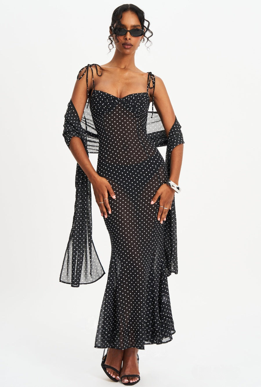 Women Elegant Spaghetti Strap Polka Dot Print Backless Dress Stylish Scarf Decor Slimming Party Vacation Dress_ecoleips.com