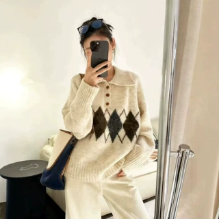 美拉德咖色菱格polo领毛衣女慵懒外穿早秋冬季宽松chic针织衫上衣