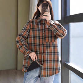 2025年秋冬季加绒新款复合格子衬衫女士翻领长袖加厚保暖打底衫女