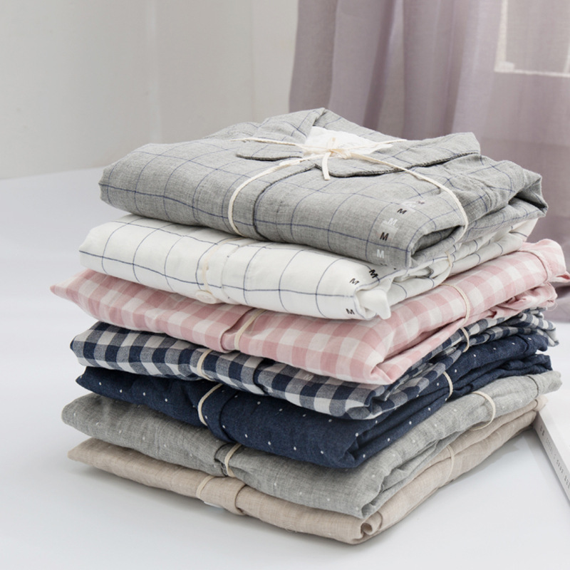 Unbranded Japanese Style Pure Cotton Seamless Double-layer Pajama Set Couple Homecoming Clothes Spring Summer Autumn Long Sleeve