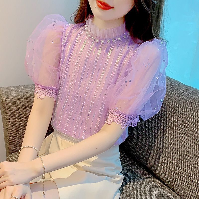 여성용 반팔 티셔츠 여름 신작 퍼프 슬리브 쉬폰 셔츠, 패셔너블하고 세련된 스팽글 탑으로 연령을 줄여줍니다.