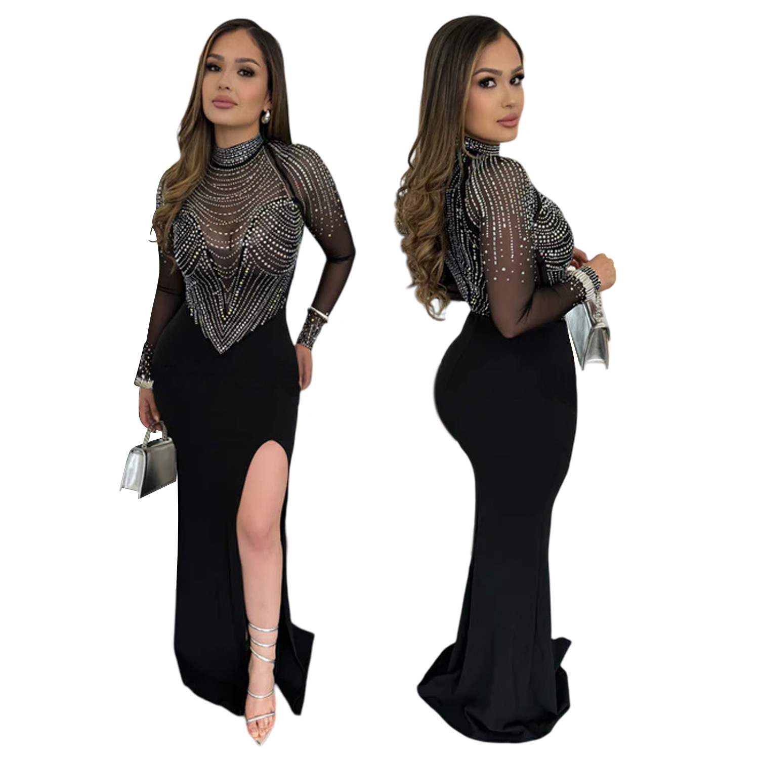 C7016 AliExpress transfronterizo Amazon estación independiente de moda europea y americana ropa de mujer de malla de diamante caliente vestido vestido largo nuevo image 6