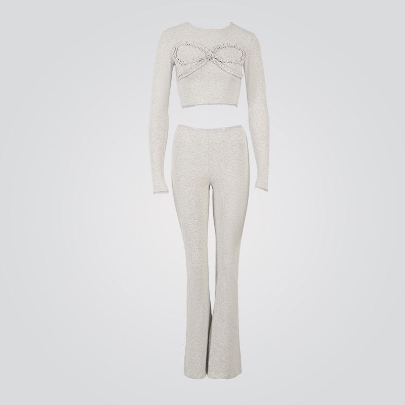 Sexy katoenen broekenset met strikdetail voor dames – comfortabele, hooggetailleerde flared legging en cropped top (zwart, roze, grijs, S-XL)_voghion.com