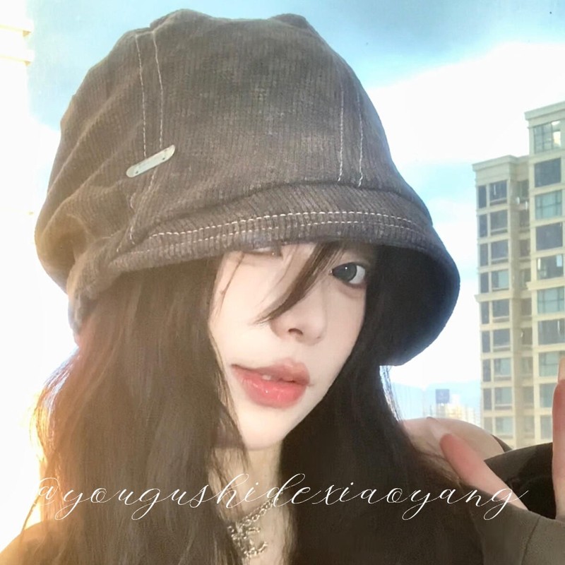 废土风小檐抽绳堆堆帽子女秋冬季复古休闲百搭包头帽冷帽男显脸小|undefined