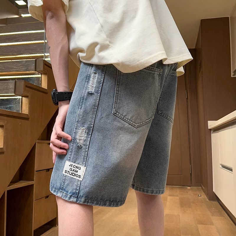 Denim Shorts Men's Summer New Arrival Side Scraping Design Sense Mid-length Pants American-style High Street Loose Straight Pants