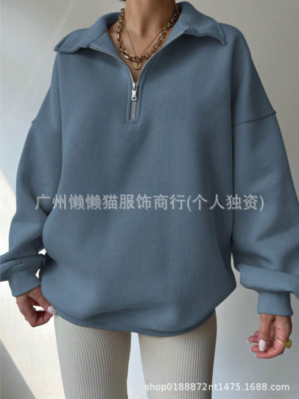 2025新款亚马逊春秋新款女式纯色宽松半拉链开襟长袖简约休闲卫衣|undefined