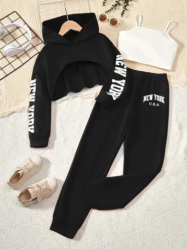 Cross-border foreign trade INS girl spring and autumn fashion three-piece set children short sleeve hoodie belt top sports set