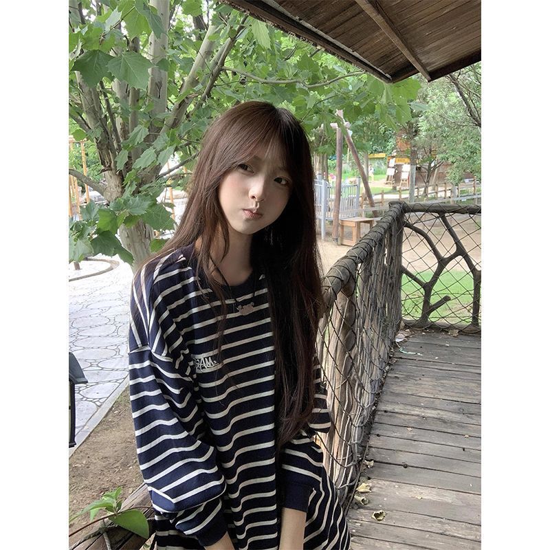 美式复古条纹刺绣长袖t恤女早秋新款宽松休闲慵懒风高街上衣潮牌|undefined