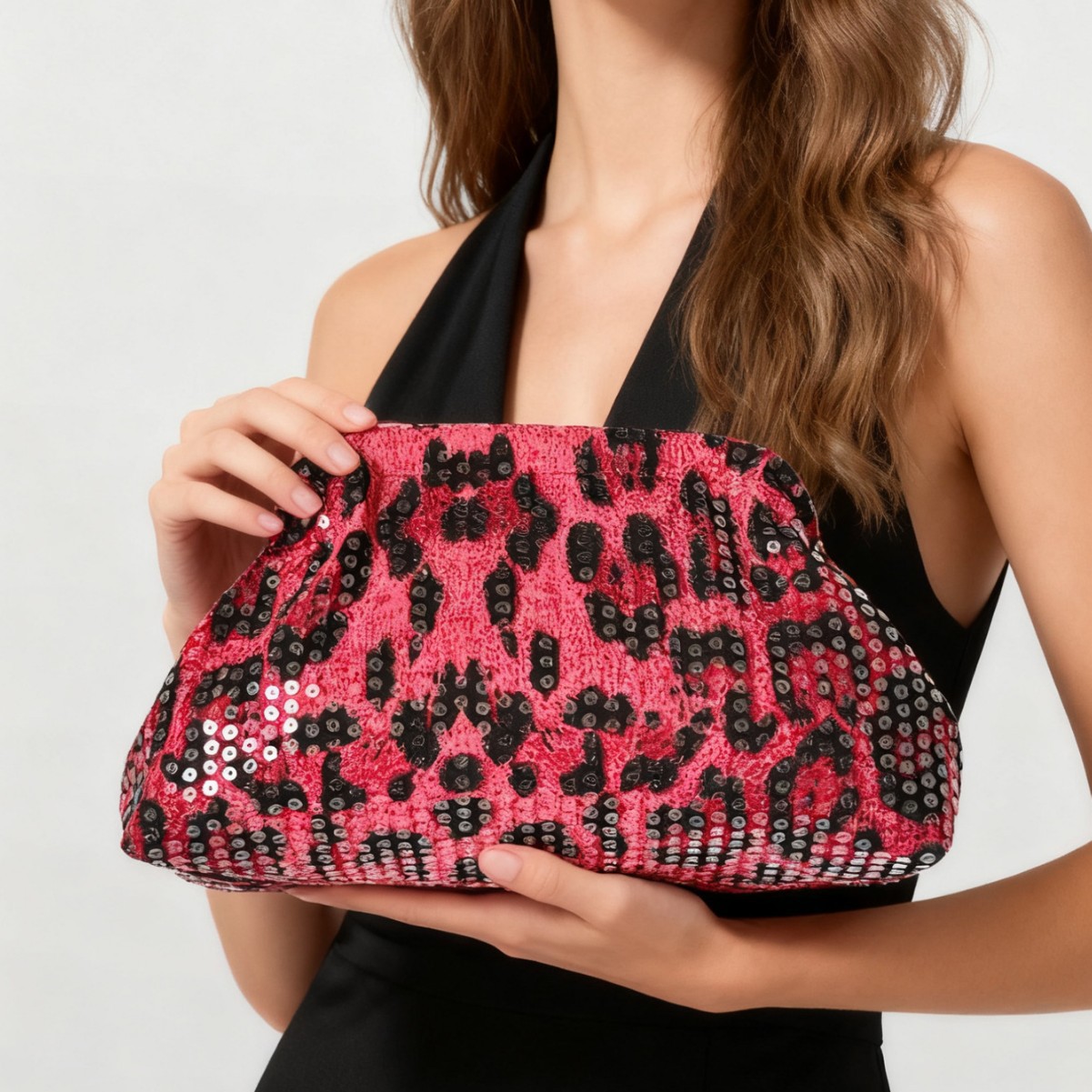 Women's Sequined Leopard Print Fuchsia Evening Bag Style Clutch Makeup Bag Prom Accessory_voghion.com