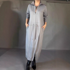 2025新款春秋立领抽绳收腰中长款休闲宽松大码连衣裙女裙
