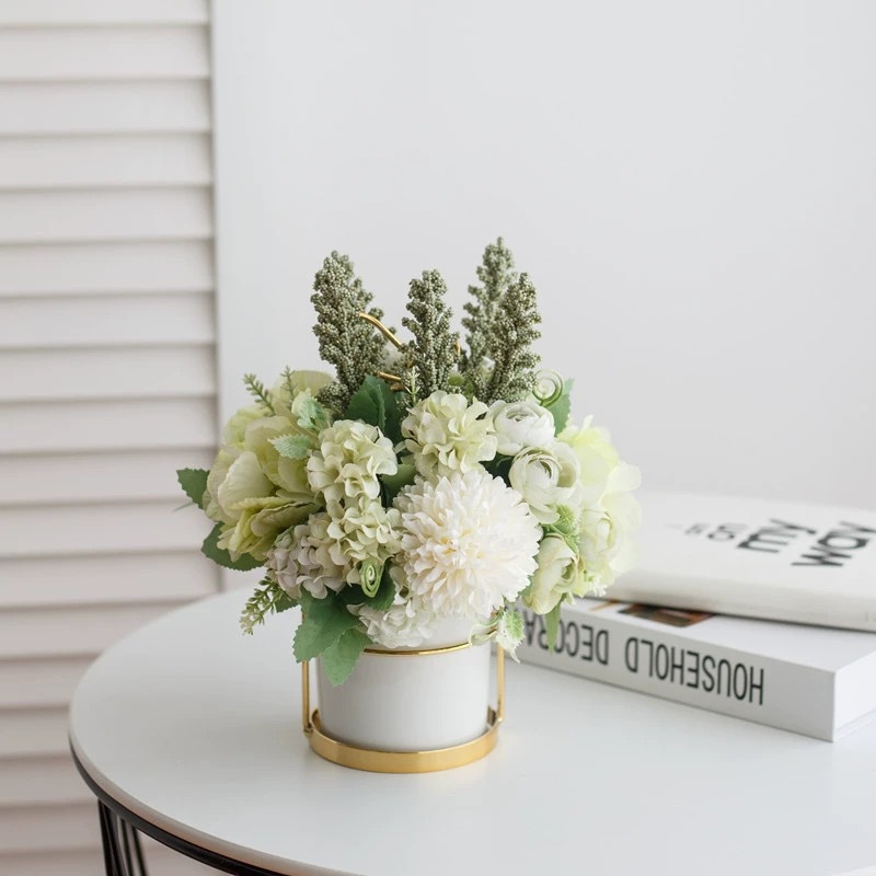 INS nórdico flor artificial traje de cerámica florero de oro rosa Planta artificial potted hogar Decoración falso