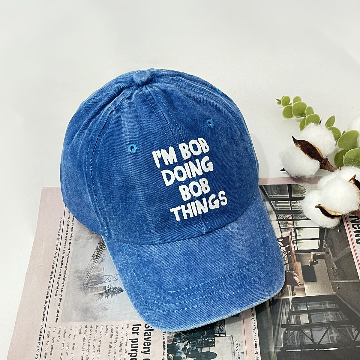 Unisex Retro casual trend Soft top I'M BOB printed washed baseball cap for outdoor shade_voghion.com