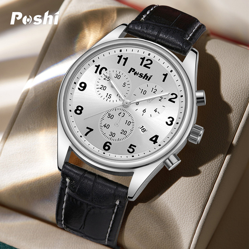 Reloj de negocios para hombres decoración reloj de cuarzo deportivo de tres ojos POSHI moda calendario luminoso cinturón reloj de hombre