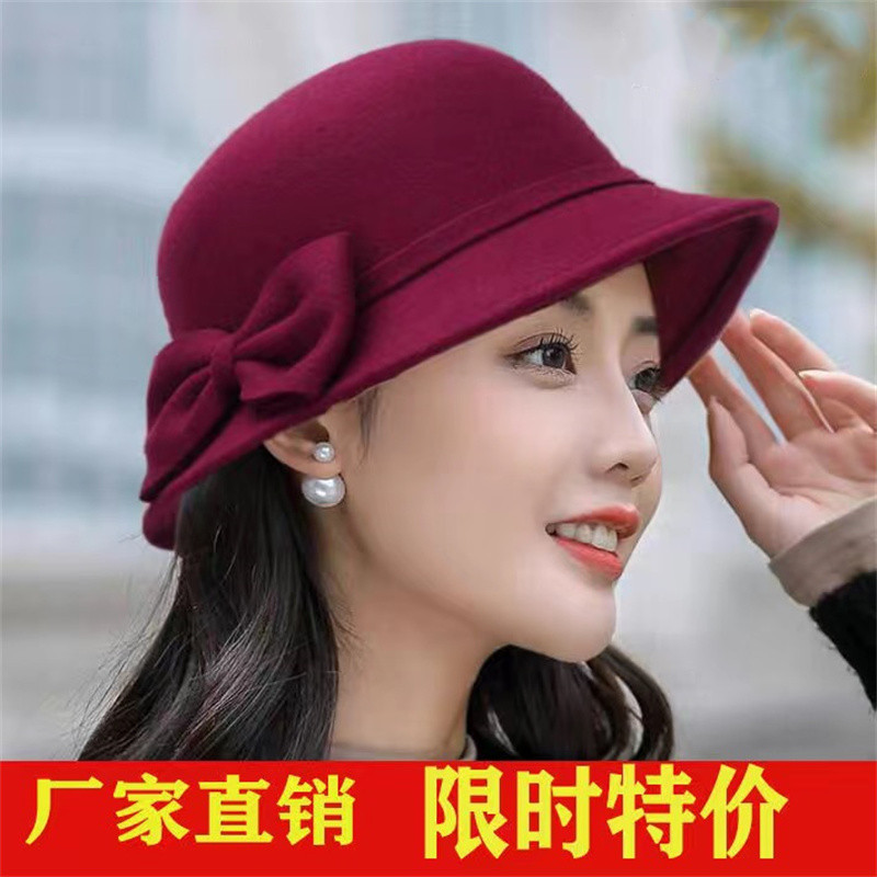礼帽女冬季新款韩版潮人复古毛呢圆顶蝴蝶结名媛时尚户外保暖盆帽