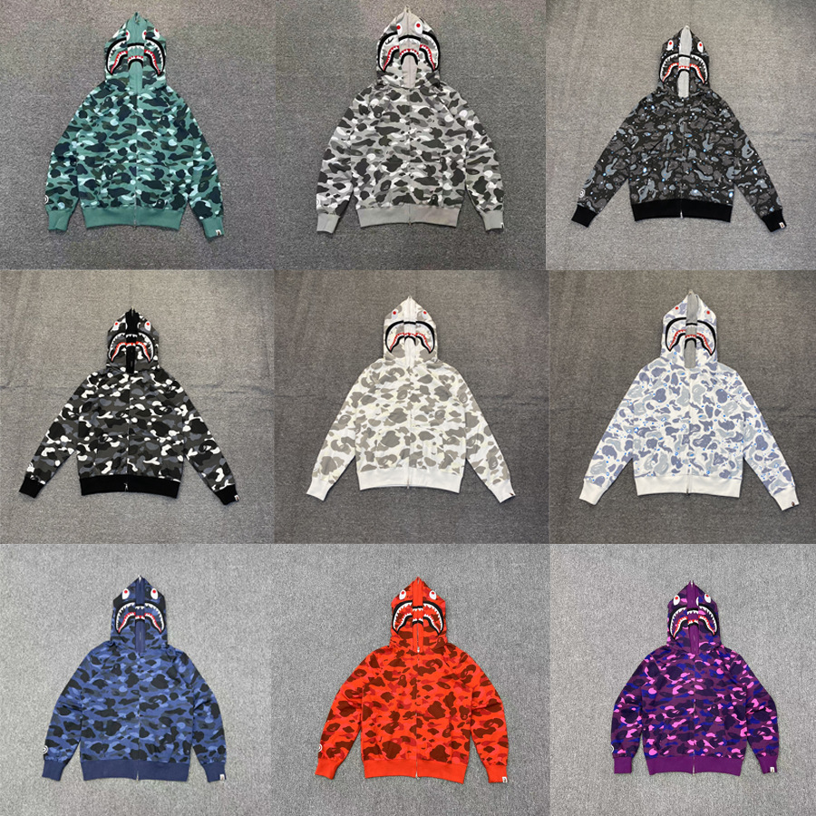Japanese-Style Short-Sleeve High-Quality 450g Camouflage Double-Hooded Shark Zipper Sweatshirt Couple's Unisex Spring and Autumn Jacket
