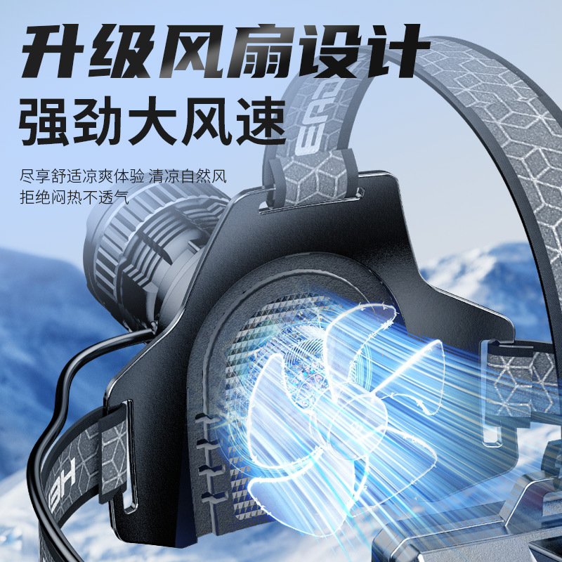 Transfronterizos nuevos fuertes faro de alta potencia láser blanco ventilador de disipación de calor USB antorcha de advertencia montada en la cabeza