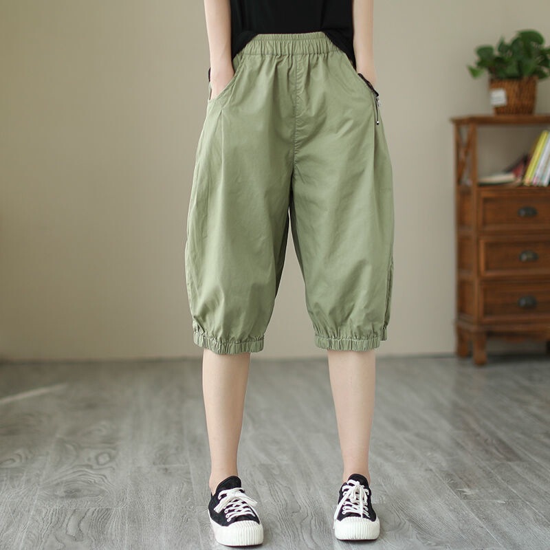 Summer Thin Casual Shorts for Women, Loose Large Size High-Waisted Five-Point Pants, Wide-Leg Elastic Waist Harem Pants, Mid-Length Pants, Six-Point Pants