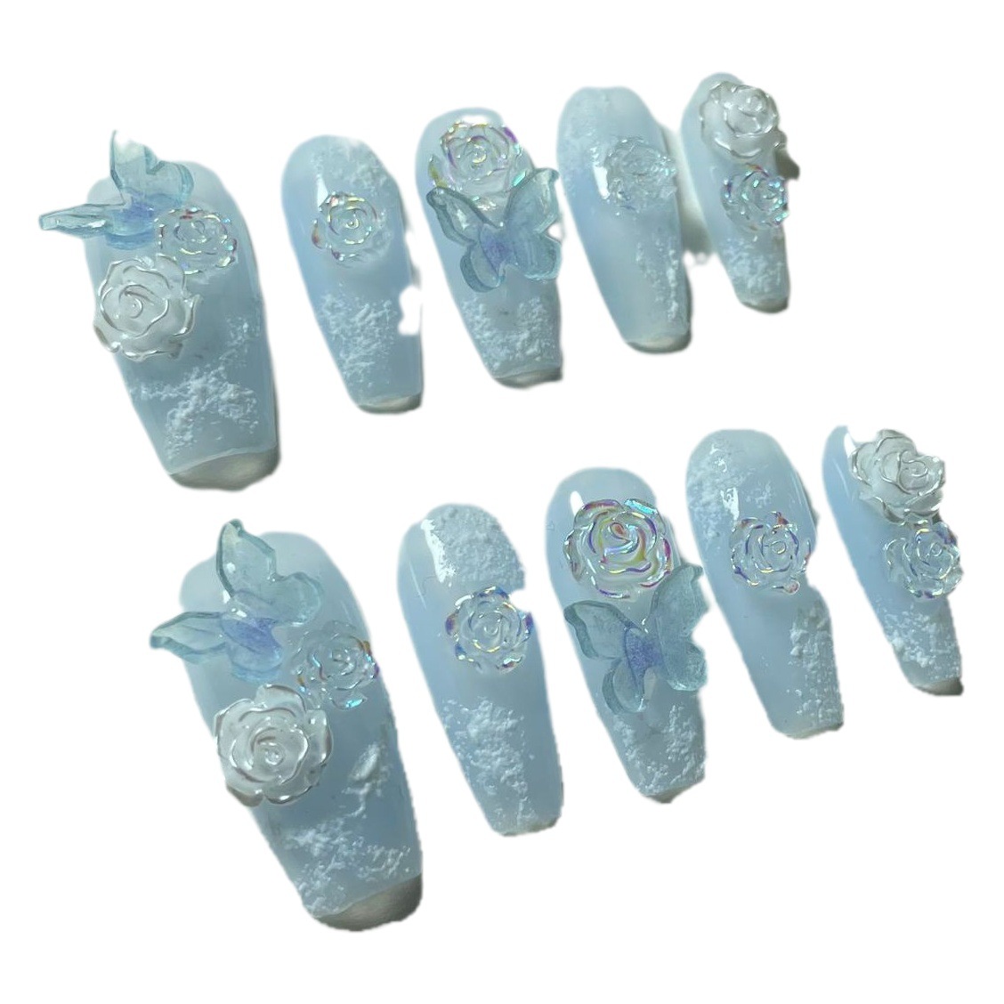 [Elefante hermano manicura fábrica] desgaste hecho a mano uñas azul puro deseo mariposa amor flor yeso manicura producto terminado B118