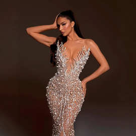 2025精美欧美款式婚纱手工缝制珍珠新娘结婚礼服伴娘派对舞会裙子