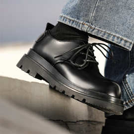 男士商务黑色皮鞋2024春季新款厚底增高小众德比鞋纯黑真皮百搭潮
