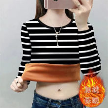 加绒加厚2025冬季新款圆领T恤打底衫时尚条纹女装保暖外穿长袖