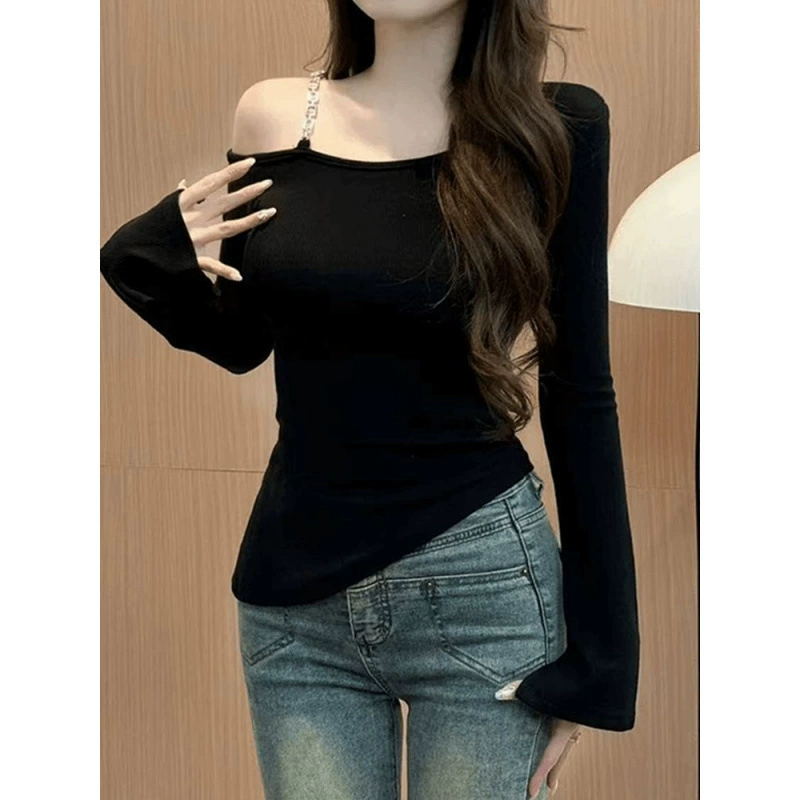 Женская сексуальная рубашка больших размеров с открытыми плечами и длинными рукавами, ранняя осень 2025, новый обычный тонкий модный топ на правое плечо