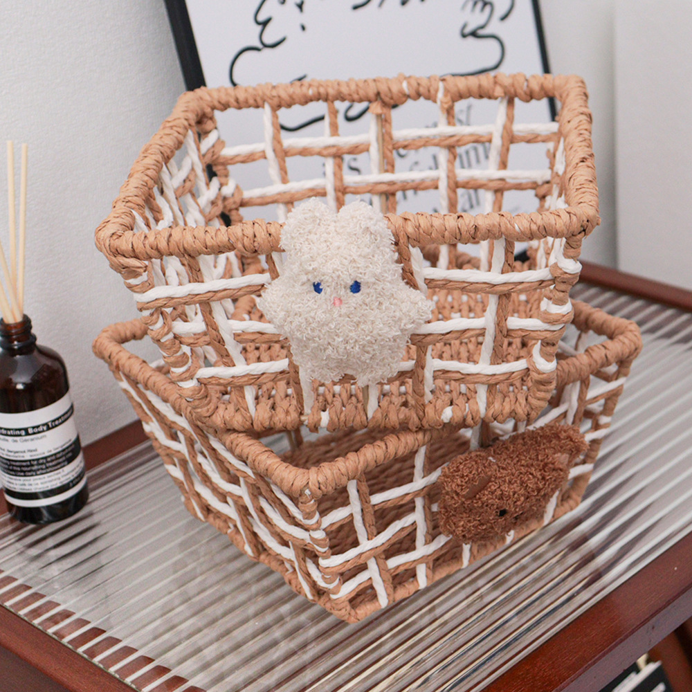 Ins風手作り紙ひも編みかご多機能間食雑物整理かご透かし化粧品デスクトップ収納ケース