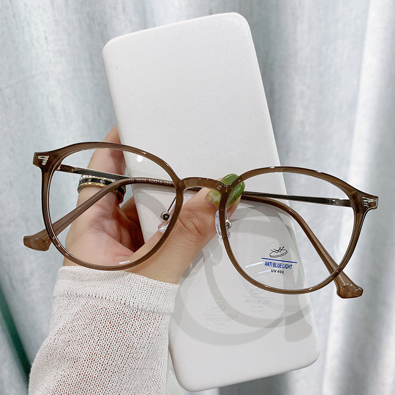 Round Frame Anti-Blue Light Glasses for Nearsightedness, Trendy Plain Glasses, Cross-Border Tea-Colored Non-Prescription Glasses, Oval-Shaped Student-Ready-Made Nearsighted Glasses
