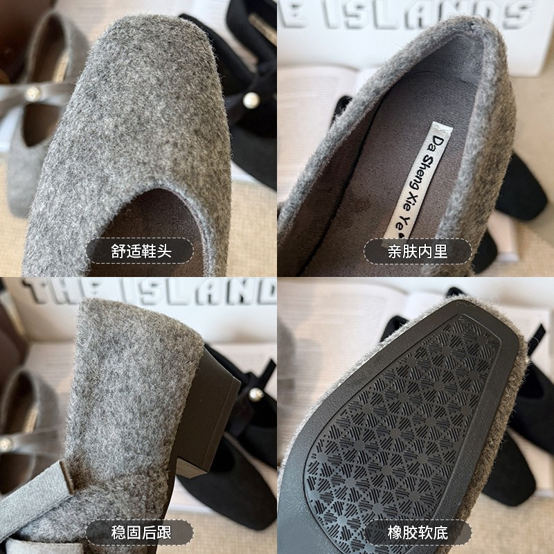 内增高法式玛丽珍毛毛鞋女春季新款灰色呢子单鞋女厚底仙女晚晚鞋|undefined
