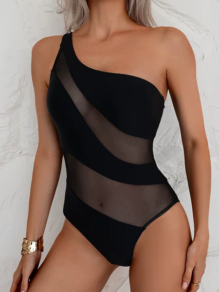 European and American Foreign Trade Cross-Border Aliexpress Amazon Women's Asymmetric One-Shoulder Suspender Top Translucent Mesh Swimsuit