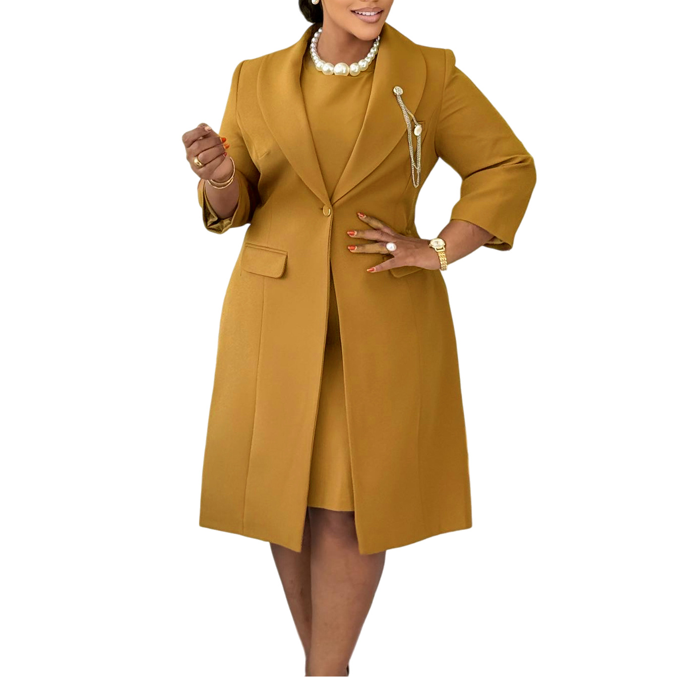 D610 European American Women's Elegant Stretch Slim Fit Solid Color Blazer And Camisole Dress Two-Piece African Fashion_ecoleips.com