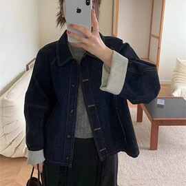 韩系小众设计感袖口拼接条纹翻领牛仔外套女春季新款时尚百搭上衣