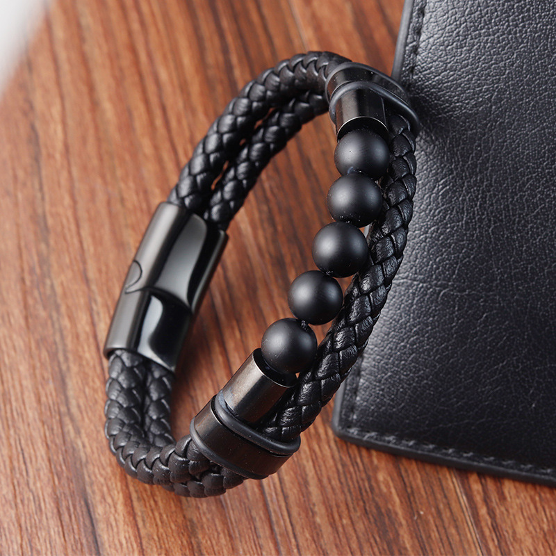 Men's Gender Retro Classic Style Pu Leather Volcanic Rock Titanium Steel Geometric Woven Chain Men Cord & Leather Bracelets