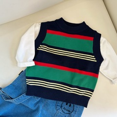 Baby Round Neck Backless Vest for Boys and Girls, Colorful Striped Cardigan for Infants and Toddlers, Pure Cotton Knitted Top, Korean Style Base Shirt, Trendy
