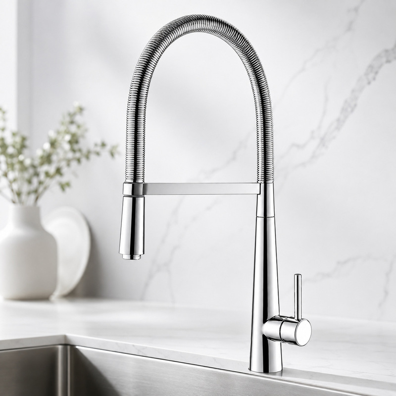 Modern Light Luxury High-Arc Kitchen Faucet Electroplated Bright Chrome Spring Pull-Out Faucet Single Handle Hot and Cold Water Sink Faucet Modern Light Luxury High-Arc Kitchen Faucet Electroplated Bright Chrome Spring Pull-Out Faucet Single Handle Hot and Cold Water Sink Faucet