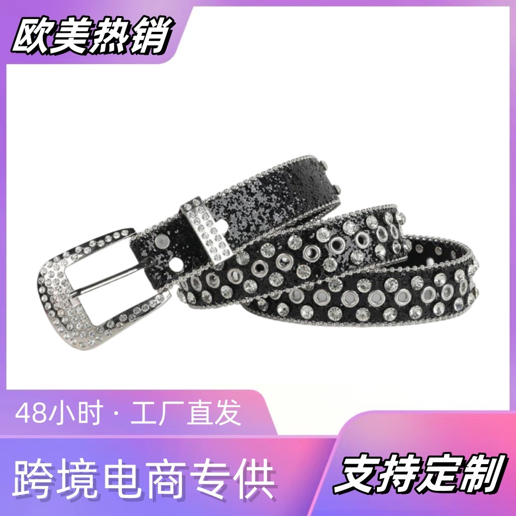 Cinturón de diamantes de imitación para mujer Cinturón largo para mujer de estilo europeo y americano Cinturón de mezclilla para exteriores Cinturón de diamantes de estilo explosivo transfronterizo